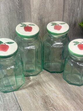 Vintage Italian Green Glass Canister Set Hexagon Apple Ceramic Lids Italy MCM